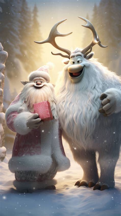 Rudolph and the abominable snowman exchange gifts, tentative smiles on their faces as they ...