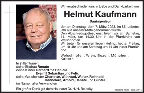 Traueranzeigen Von Helmut Kaufmann Trauer Bz