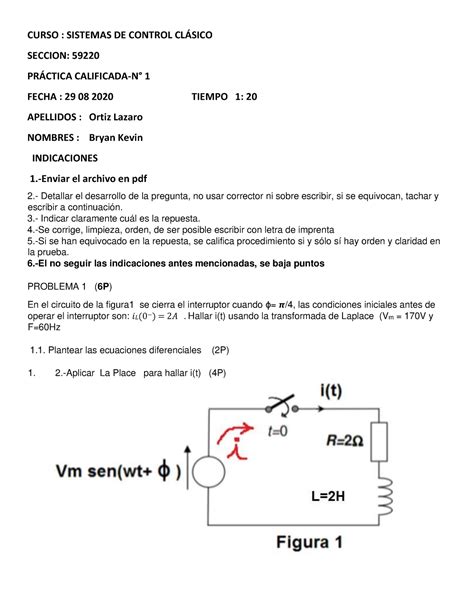 PRACTICA CALIFICADA 1 CURSO SISTEMAS DE CONTROL CLÁSICO SECCION