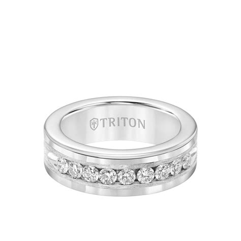 8mm Tungsten Diamond Ring Satin Bright Finish And Bevel Edge Triton Jewelry