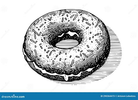 Tasty Donut Engraving Style Hand Drawn Ink Sketch Vector Illustration Stock Vector