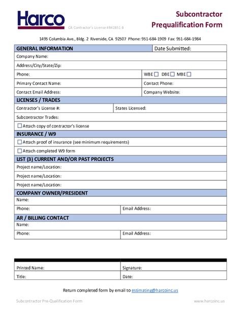 Fillable Online Subcontractor Prequal Form Harcoinc Us Fax Email