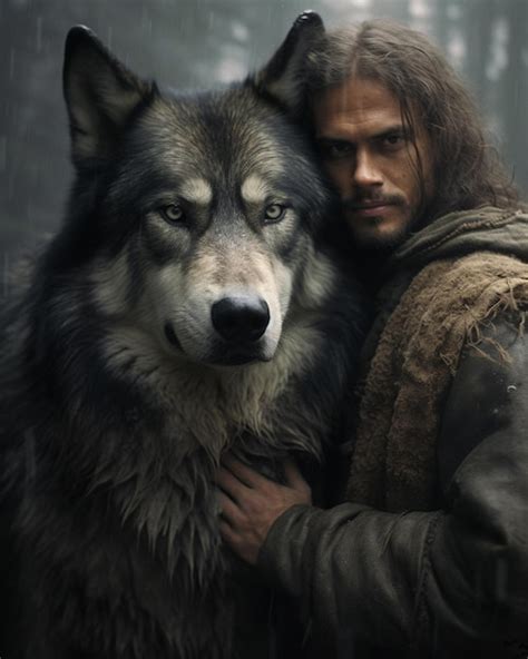 Premium Photo | A man with a wolf in his arms is hugging a wolf