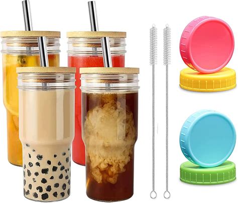 MUJUZE Bubble Tea Cup Set 4PCS 650mL Bubble Tea Gläser mit Deckel aus