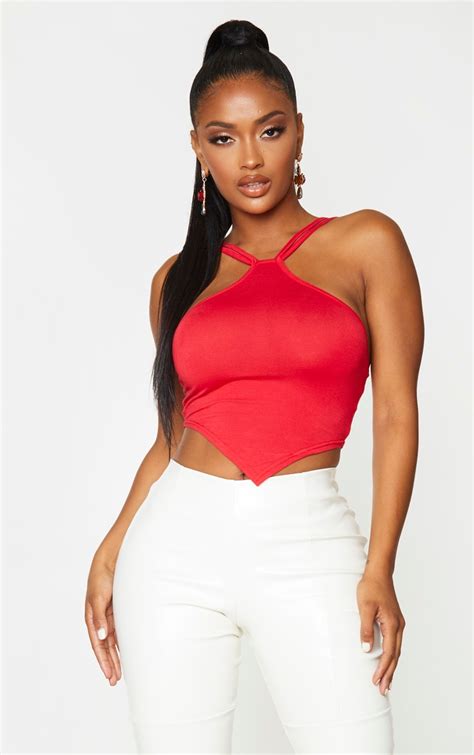 Shape Red Jersey Double Strap Halterneck Crop Top Prettylittlething