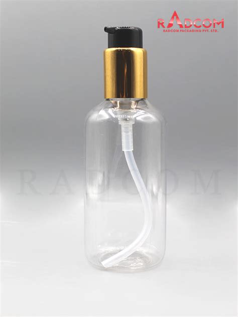 Ml Short Boston Clear Pet Bottle With Short Spout With Golden Collar