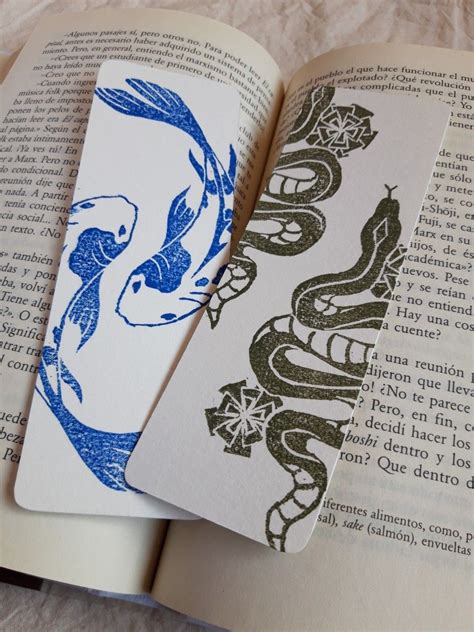 Handprinted Linocut Bookmarks Of Koi Fish And Snakes Handmade