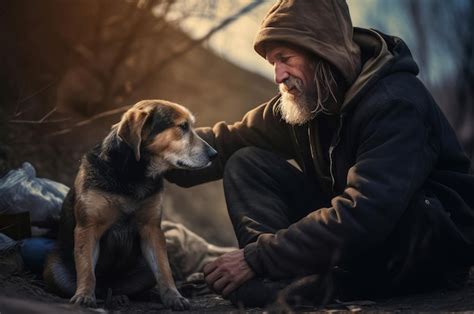 Un Sans Abri Avec Un Chien Sans Abri Un Vieil Homme Triste Vivant Dans