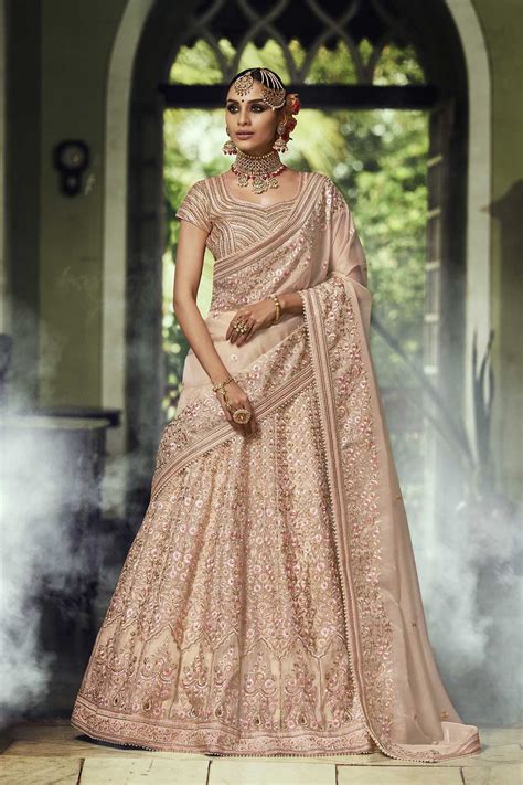 Buy Beige Color Organza Silk Indian Wedding Lehenga In Uk Usa And