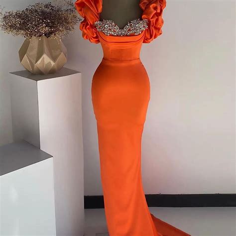 Orange Satin Mermaid Prom Dresses Sexy Womens Crystal Beads Pleated