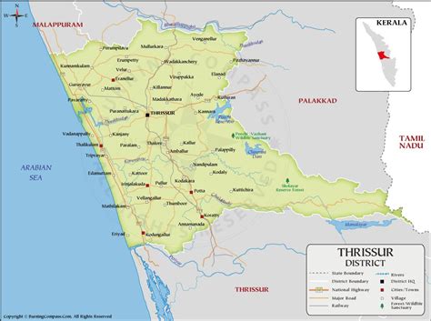 Thrissur District Map, Thrissur Map, Kerala, India