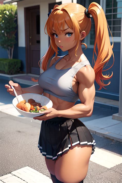 Anime Muscular Small Tits 50s Age Serious Face Ginger Pigtails Hair Style Dark Skin Black And
