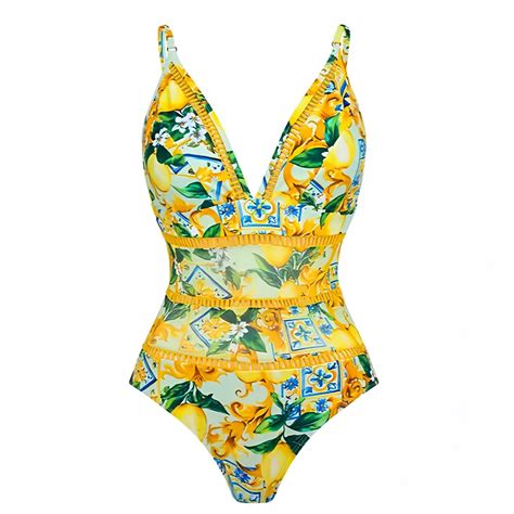 Cannes Lemon Patterned V-Neck Spaghetti Strap One Piece Swimsuit