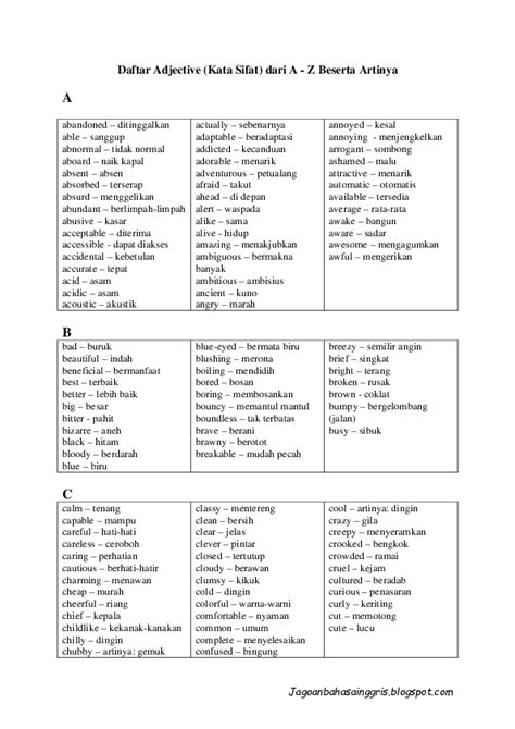 Contoh Kata Adjective Dalam Bahasa Inggris Doc Daftar Adjective Kata