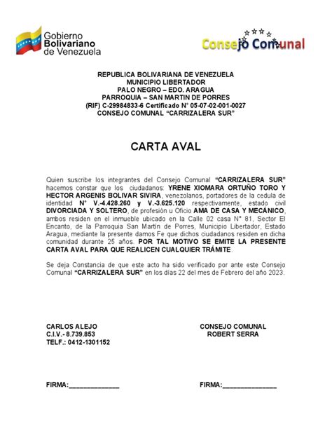 Carta Aval Consejo Comunal Pdf