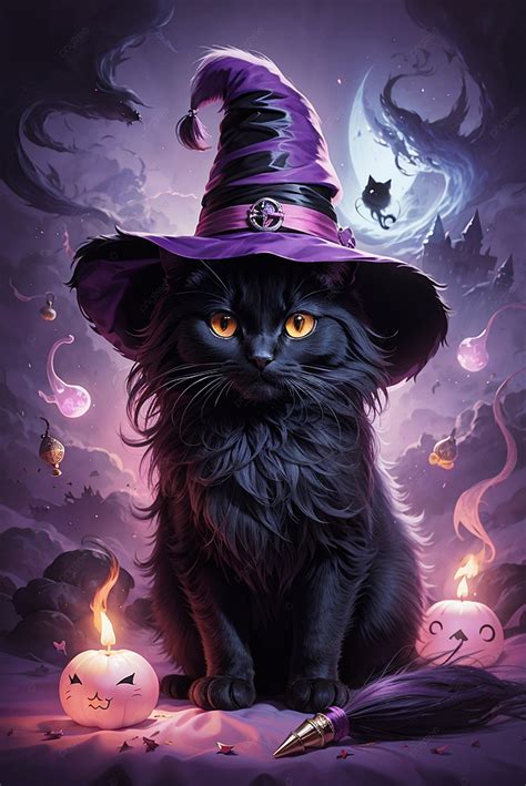 Um Gato Preto Assustador De Olhos Laranja Usando Chapéu Roxo Velas