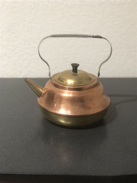 Vintage Copper And Brass Tea Kettle Pot With Lid And Woven Etsy