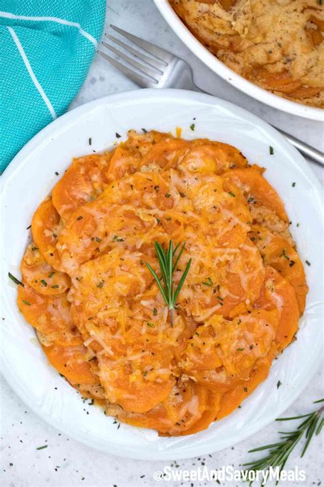 Scalloped Sweet Potatoes Best Cheesy Recipe Video Sweet And Savory