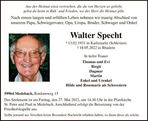 Traueranzeigen Von Walter Specht Trauer Nrw