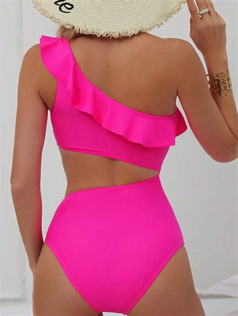 Shein Swim Chicsea Cut Out Ruffle Trim One Shoulder One Piece Swimsuit