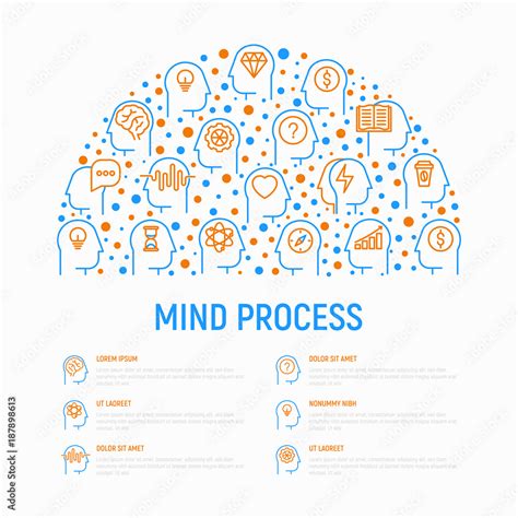 Mind Process Concept In Half Circle With Thin Line Icons Set