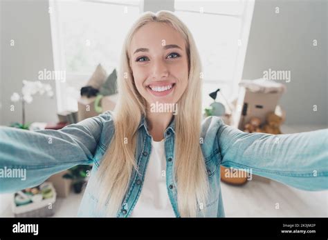 Photo Of Cute Cheerful Young Lady Dressed Denim Shirt Tacking Selfie