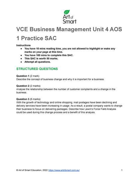 Vce Business Management Unit Aos Practice Sac Art Of Smart