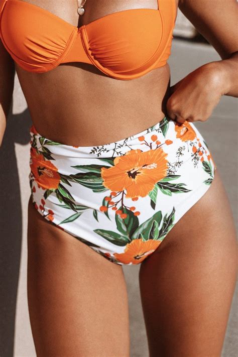 Orange Floral Shirring High Waisted Bikini Bottom