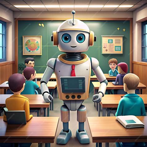 friendly robot teacher stands   classroom surrounded  students