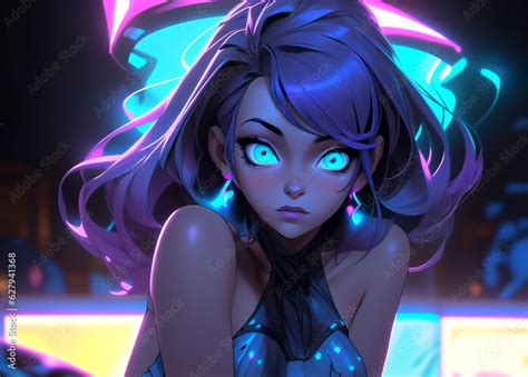 Anime Girl Waifu Portrait In Neon Lights Veaporwave Synthwave Retro