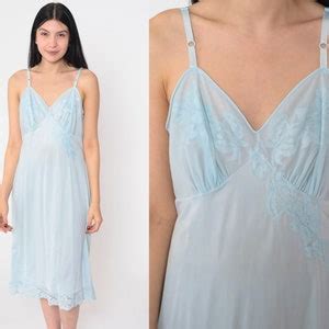 Baby Blue Slip Dress 70s Floral Lingerie Nightgown Midi Full Slip V Neck Empire Waist Spaghetti