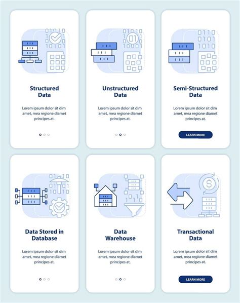 Digital Data Types Light Blue Onboarding Mobile App Screen Set