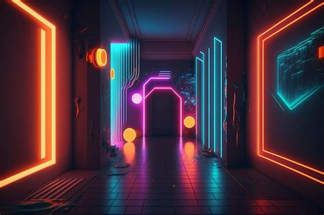 Premium AI Image A Dark Hallway With Neon Lights And A Door That Says