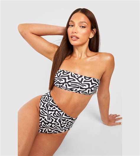 Buy Boohoo Tall Geo Print Bandeau High Waist Bikini Set In Black Thstreet Kuwait