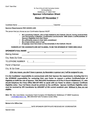 Fillable Online Sponsor Information Sheet Return BY November 1 St