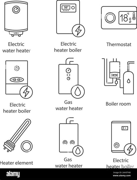 Heating linear icons set. Boilers, heaters, thermostat, boiler room ...