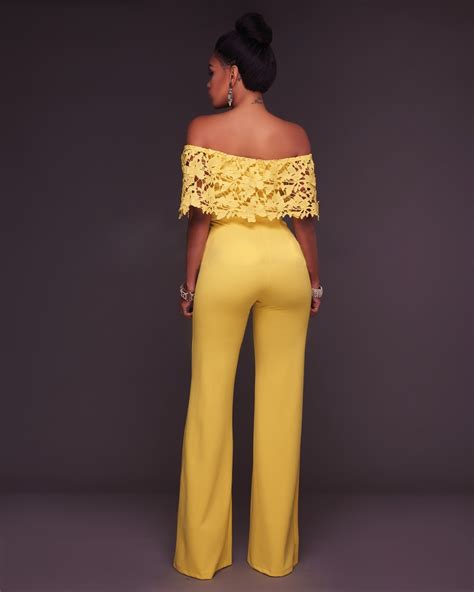 Yellow Jumpsuit Lace Playsuit Off Shoulder Summer Rompers Womens Jumpsuit Trousers Sexy Party