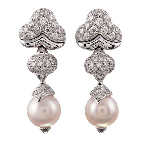 Bulgari Diamond And Pearl Drop Earrings In Original Box Bijoux