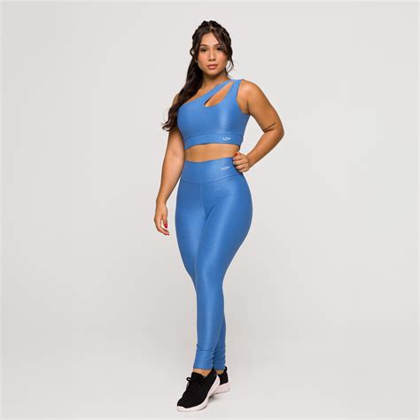 Top Feminino Azul Fitness Ombro Só Gota Poliamida Academia Lot Fitness