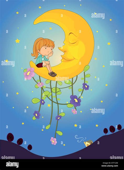 Illustration Of A Girl And A Moon In Night Sky Stock Vector Image And Art Alamy