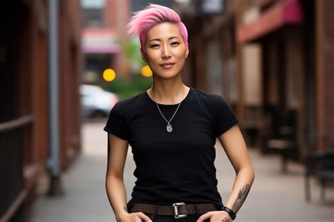 Premium AI Image A Shaved 3035 Year Old Korean Lesbian Wearing A Black Tshirt Pink Hear