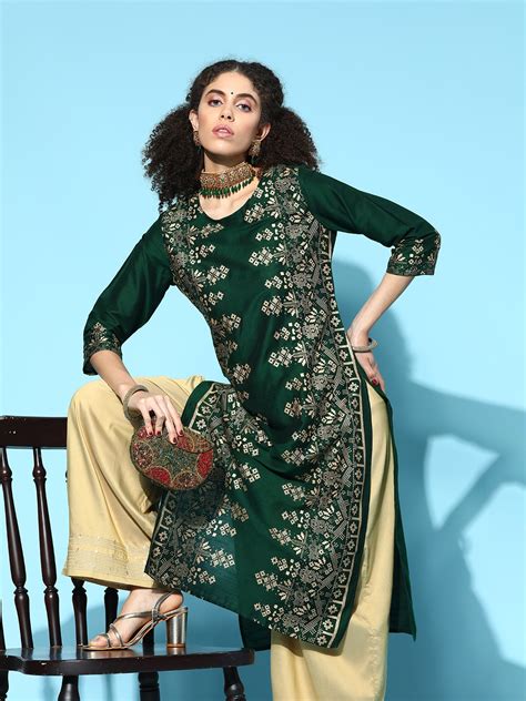 Buy Anouk Women Green And Golden Ethnic Motifs Print Straight Kurta