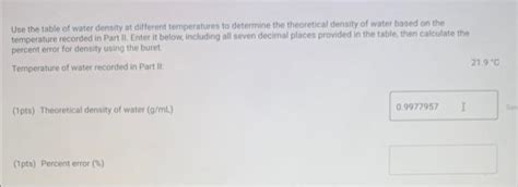 Solved Use the table of water density at different | Chegg.com