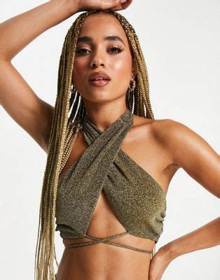 ASOS DESIGN Mix And Match Cross Neck Lattice Bikini Top In Black Gold Glitter ASOS