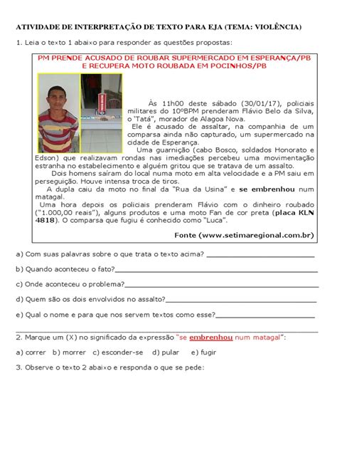 Atividade de Interpretação de Texto para Eja | PDF | Diarreia | Bem-estar