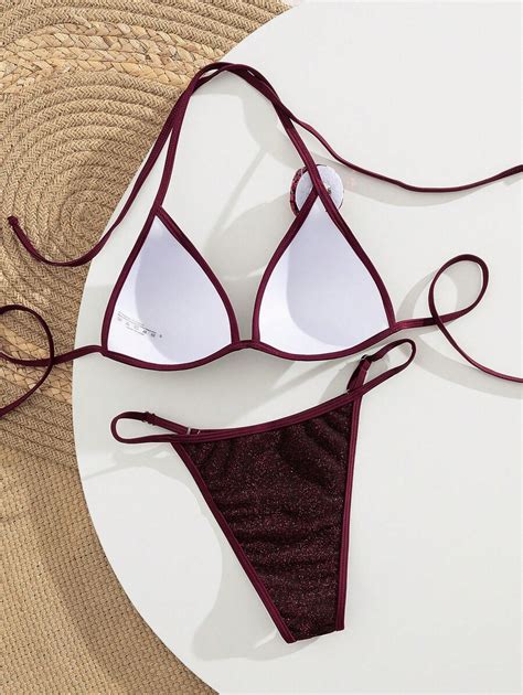 Holiday Party Metallic Glitter Push Up Bandeau Bikini Set Halter Two