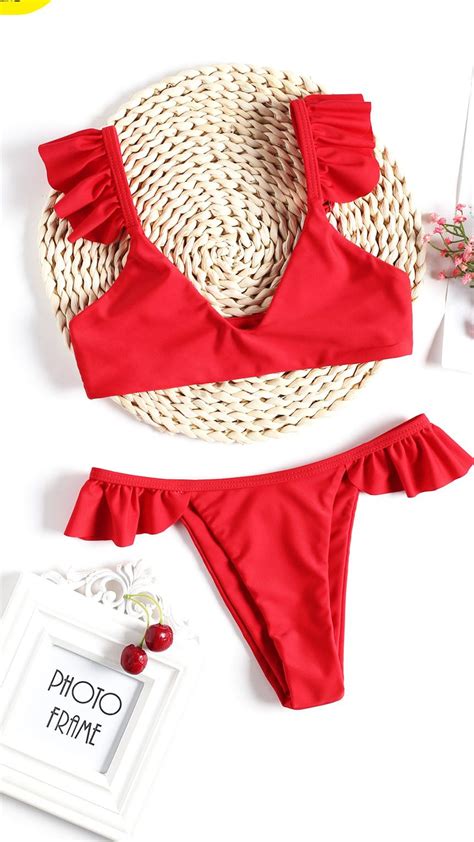 Ensemble de bikini mignon avec ourlet à franges RED Bikinis Cute