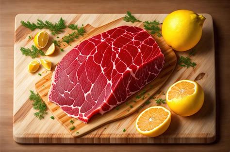 Un Gran Trozo De Carne En Una Tabla Para Cortar Con Limones Y Hierbas