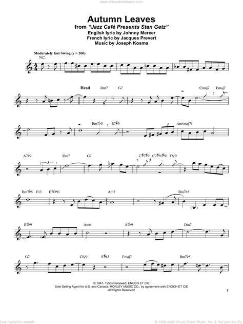 Autumn Leaves Sheet Music For Alto Saxophone Transcription