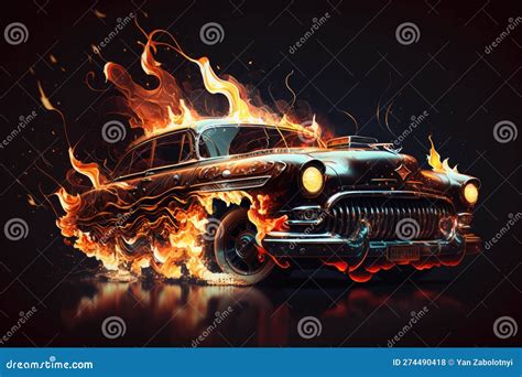 Old Car Fire Black Background. Generative AI Stock Illustration ...